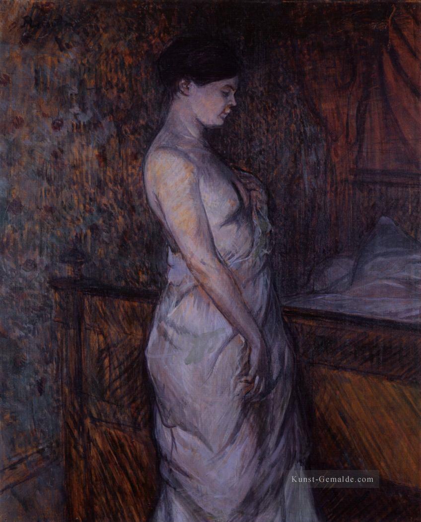 Frau in ein Hemdchen stehend von einem Bett madame poupoule 1899 Toulouse Lautrec Henri de Ölgemälde